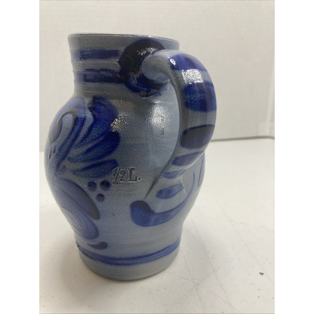 Vintage German Salt Glaze Pitcher Handle Blue Stripe 1/2 L  5.75" - Picture 4 of 14